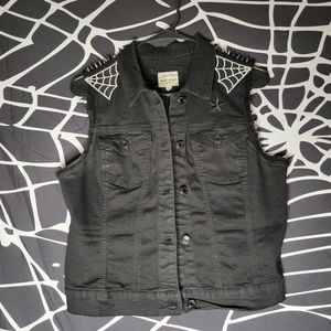 Black Denim Vest with Patches, Studs, Spikes, Chains